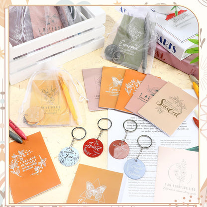 Mooliwe 108 Pcs/36 Set Positive Affirmation Gift Set Gratitude Notebooks with Pens Acrylic Keychains Small Bags Motivational Notepads for Women Coworkers Christmas Adults Party Favors (Vibrant)