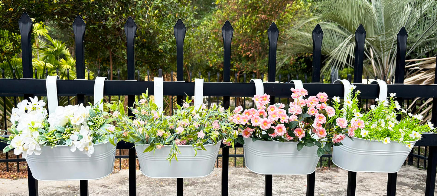 Joyfernal 12" Balcony Railing Planters, Outdoor Hanging Planter for Fence, Stylish Metal Porch Deck Flower Pot for Herbs & Succulents (White, Pack of 4)