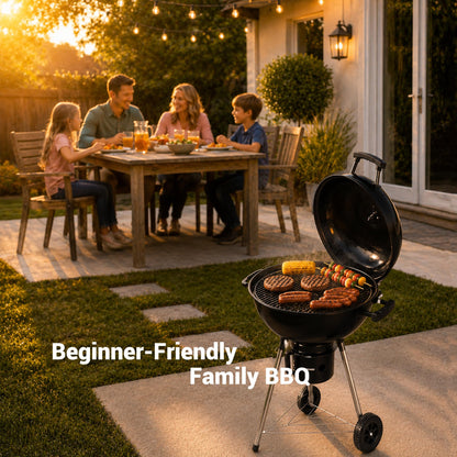 18-Inch Kettle Charcoal Grill with Lid & Wheels, Beginner-Friendly BBQ Grill for Backyard, Patio & Family Cookouts, Easy-to-Use Outdoor Charcoal Grill with Ash Catcher