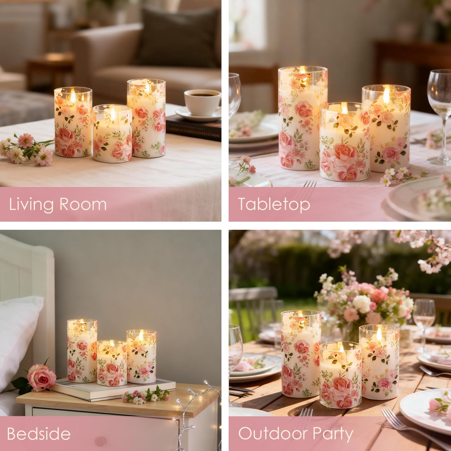 LUSHARBOR Flameless Candles with Remote, Battery Operated Glass Candles Pink Rose Flickering LED Candles Real Wax Floral Christmas Decor Electric Pillar Candles Set of 3