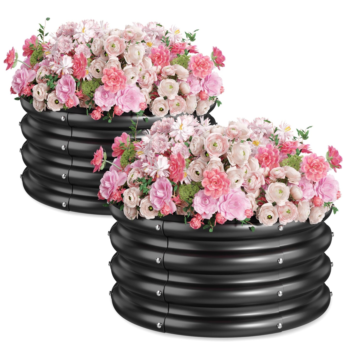 SOCONT 2 x 2 x 1 ft Round Raised Garden Bed, Black 2 Pack 0.6 mm Thick Galvanized Steel Planter Box with Double Layer Paint and Safety Edge Trim for Vegetables Flowers Herbs Outdoor Garden