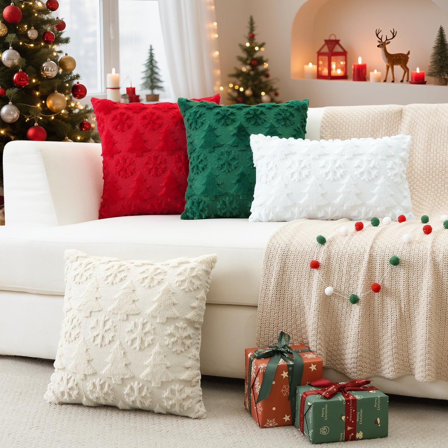 OTOSTAR Set of 2 Christmas Throw Pillow Covers 12x20 Inch, Soft Plush Faux Fur Christmas Tree Snowflake Winter Holiday Xmas Decorative Lumbar Cushion Cover Cases for Sofa Couch Bed Living Room, Beige