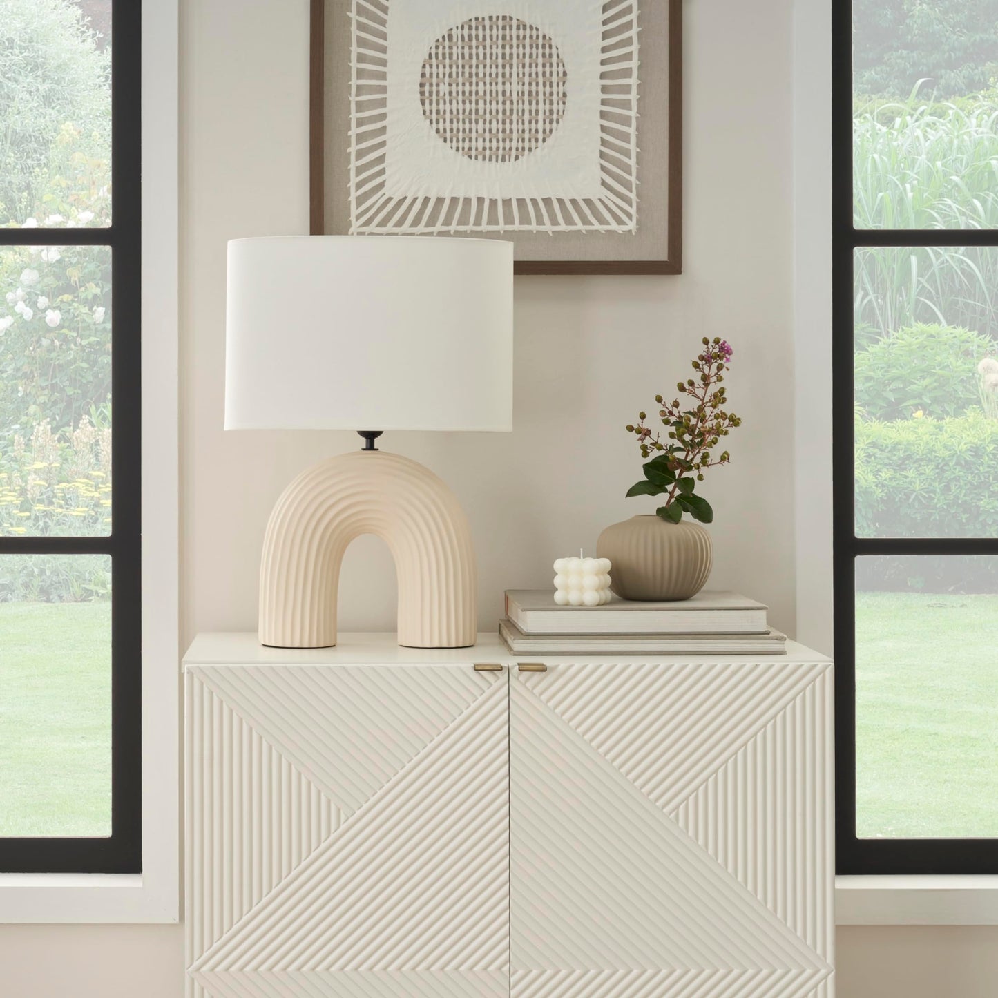 Nourison Home 21" Off White Textured Arch Table Lamp for Bedroom, Living Room, Console, Entryway