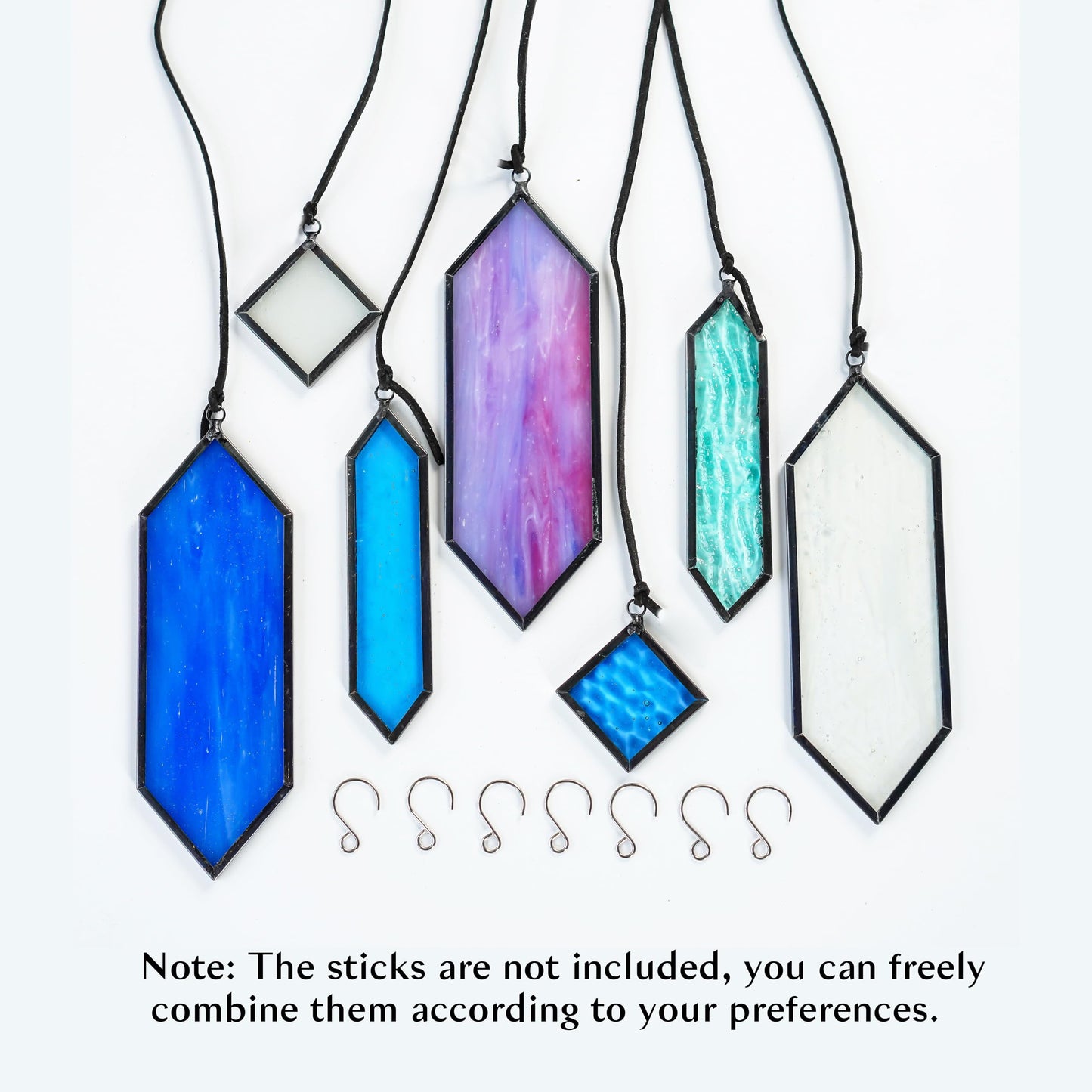 HDCRYSTALGIFTS Stained Glass Window Hanging Suncatchers - 7 Pieces Handcrafted Element Earth Tones Panel Set,Modern Blue Wall Art Sun Catchers Indoor Window Home Garden Decor