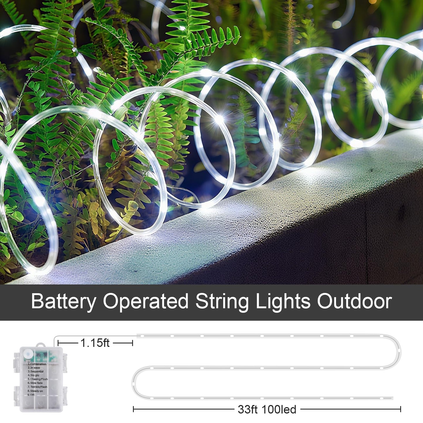 SFNDOU 2 Pack Battery Powered String Lights Waterproof with Remote Total 66ft 200LED Timer 8 Modes Battery Operated Outdoor Lights for Christmas Decor Trampoline Camping Tents, White