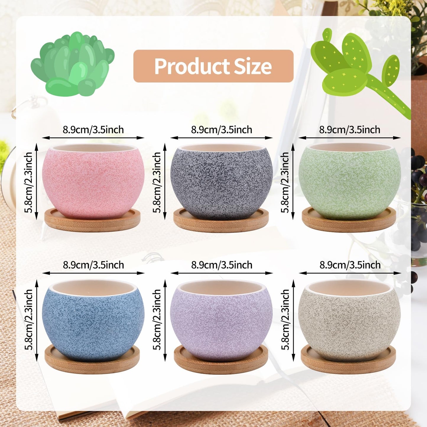 6 Pack Ceramic Succulent Pots with Drainage – Small Round Planters for Indoor Plants & Cactus, Mini Flower Pots with Bamboo Trays, Desk & Home Décor, Gift for Plant Lovers, Office, Balcony, Garden
