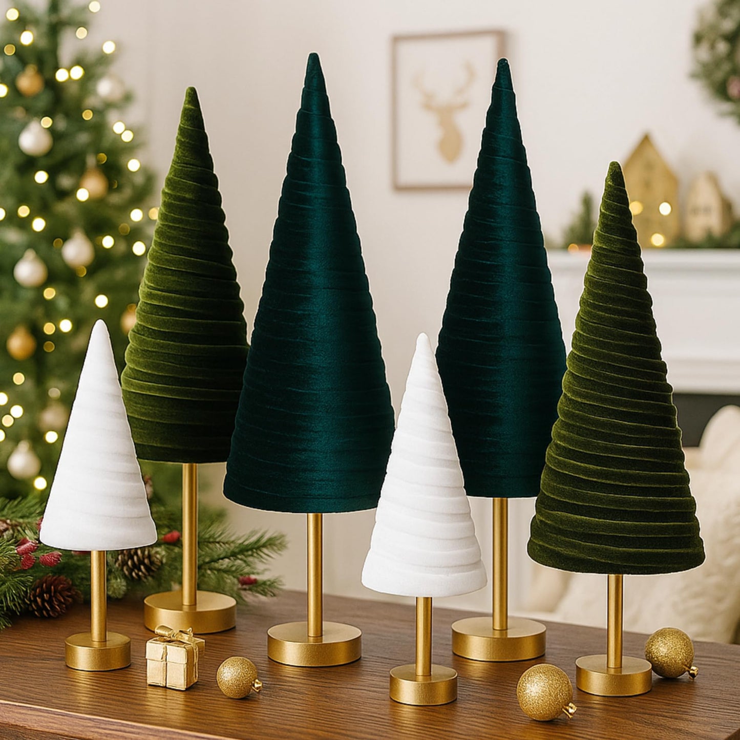 Hoolerry 6 Pcs Christmas Velvet Trees with Gold Pedestal Christmas Velvet Cones Tree Mantel Decor Modern Rustic Winter Home Minimalist for Holiday Entryway Table Wedding Centerpiece (Forest Green)