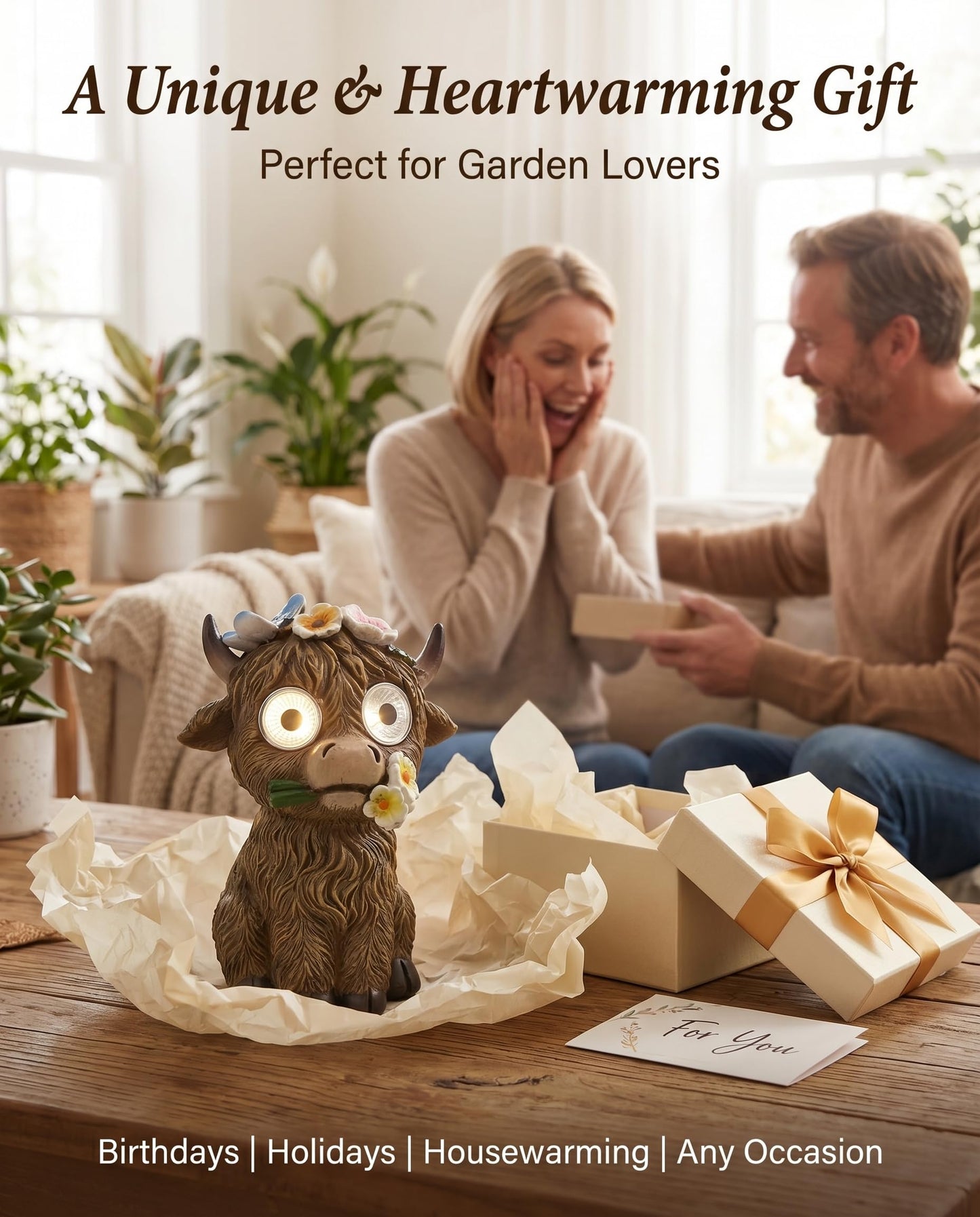 iStatue Solar Highland Cow Garden Statue with LED Light – Cute Resin Cow Figurine Outdoor Yard Decor, Waterproof Lawn Ornament, Gift for Women Mom Garden Lovers (1-Pack)