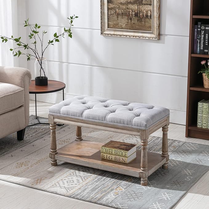Farmhouse Storage Bench Wooden Entryway Linen Upholstered Ottoman Button Tufted