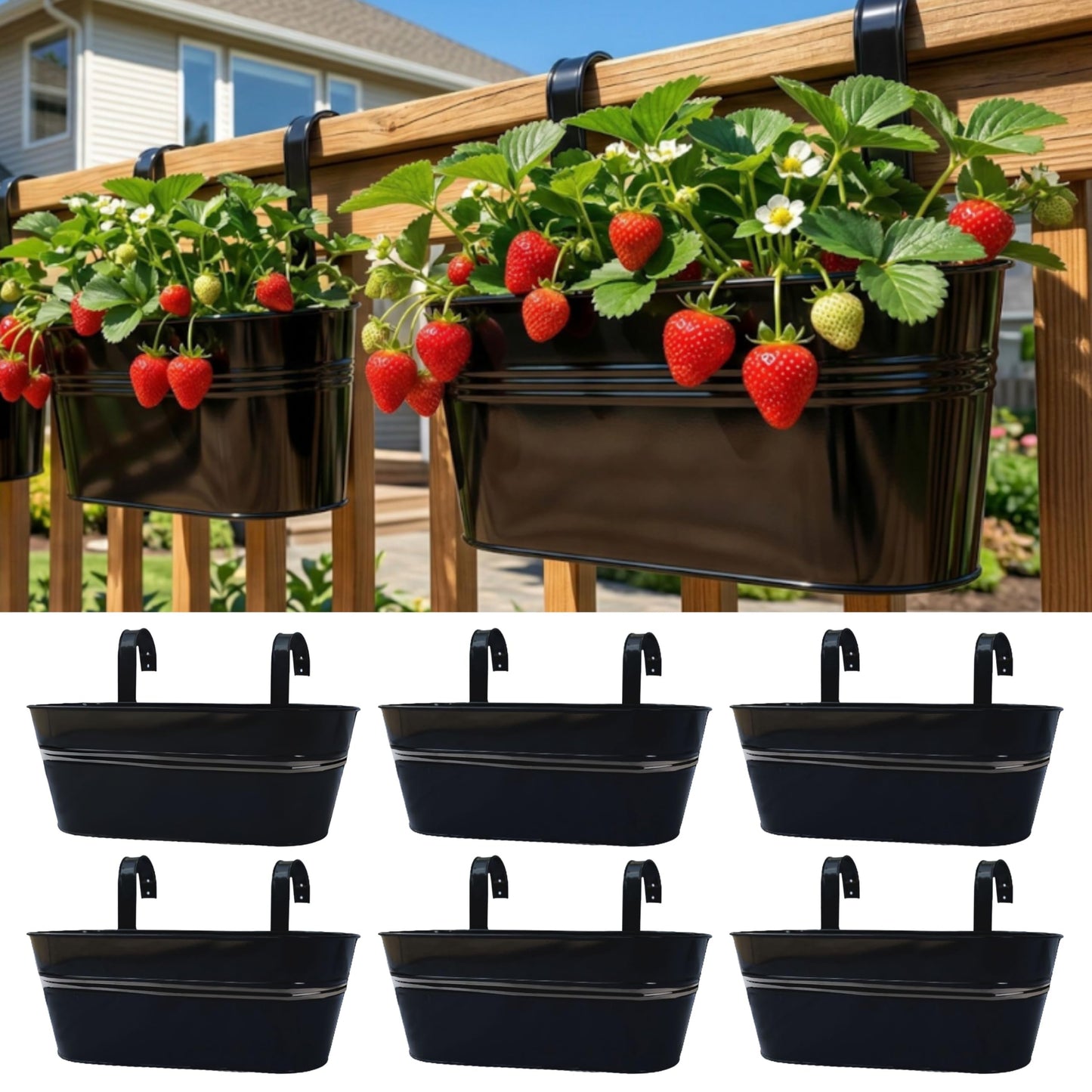 LaLaGreen Outdoor Plants Rail Planter (16 Inch, 6 Pack) Black Metal Iron Hanging Flower Pots Deck Railings Fence Buckets Modern Boho Style Wall Mount Window Boxes Plant Holder Hooks Porch Home Decor