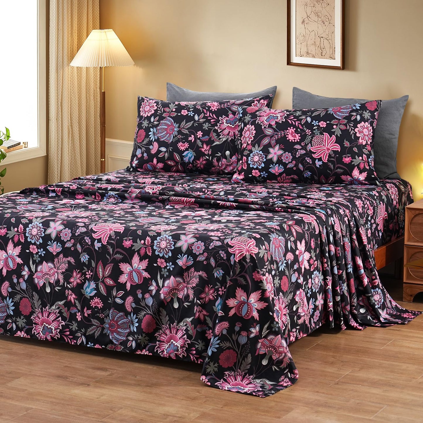 Bedlifes Queen Sheet Set Ultra Soft, Breathable, Silky Flower Deep Pocket 100% Microfiber Bedding, 4 Piece Queen Size with Floral,Black Red Flowers