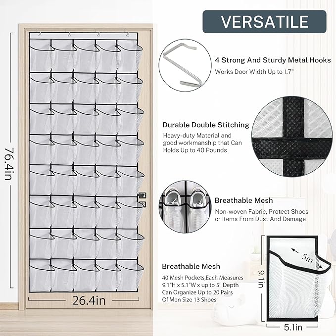 Over the Door Shoe Organizer, 40-Pocket Hanging Shoe Rack
