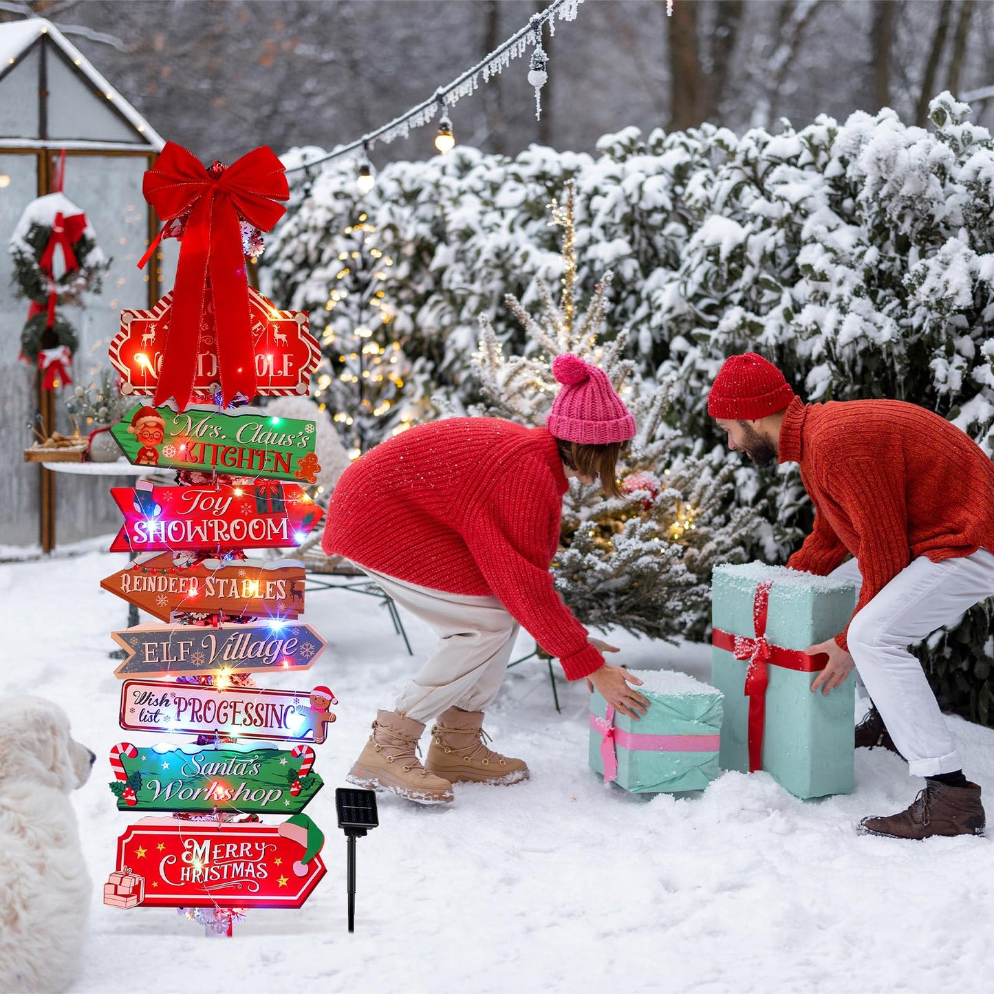 Colingmill Christmas Lamp Post Light Decorations with 8 Merry Christmas Yard Wooden Signs 16.4ft 50led Solar Light String 2 Xmas Tinsel Garlands Red Velvet Bow for Outdoor Holiday Post Lamp Yard Decor