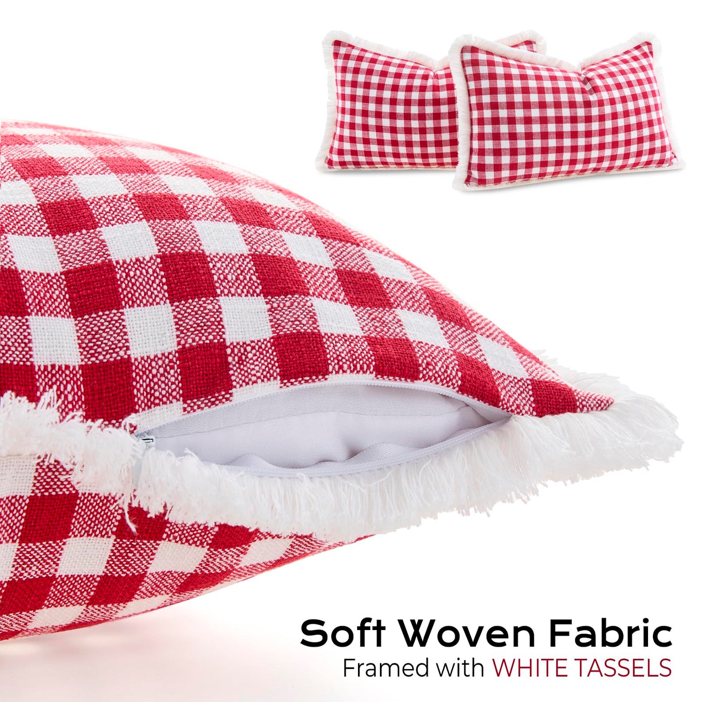 12x20 Red and White Christmas Plaid Gingham Lumbar Pillow Covers Set of 2