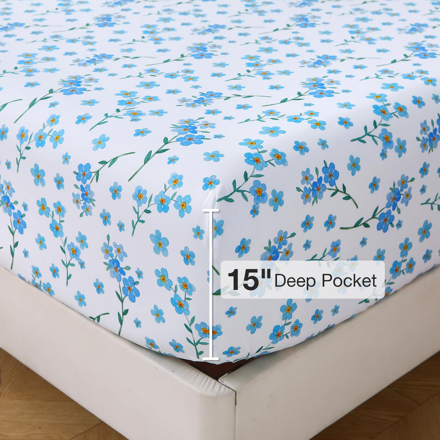 Viviland Floral Twin Sheet Set - 3 Piece Country Fresh Blue Flower Patterned Bed Sheets - Soft, Breathable Microfiber Sheets with Deep Pocket, Non-Slip Fitted Sheets & Pillowcases