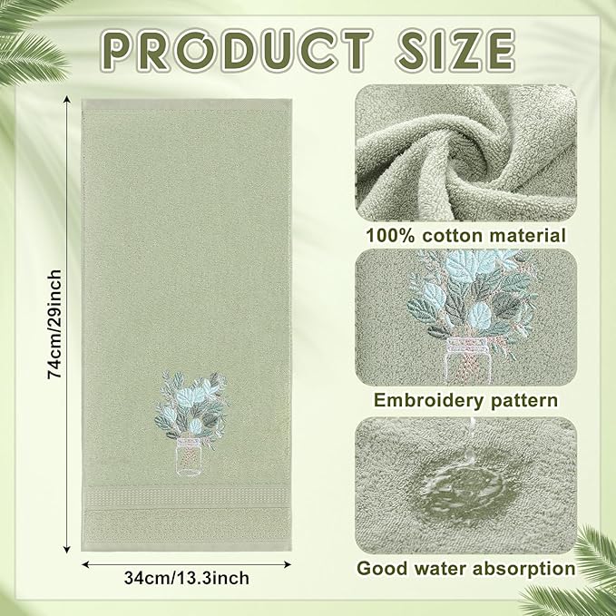2 Pcs Eucalyptus Hand Towels Gray Green Bathroom Decor 14x29 Inch Embroidered