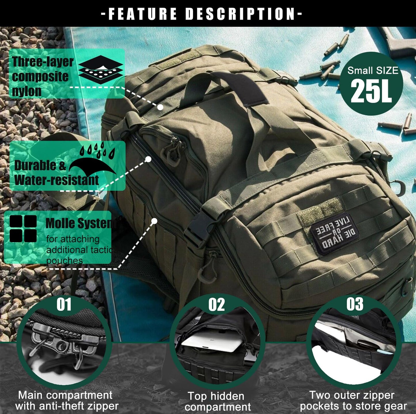 Miramrax Travel Duffle Bag Backpack for Men - Large Tactical Bags Weekender Gym Bag for Overnight Traveling Military Workout Deployment Sports (Green, 25L)