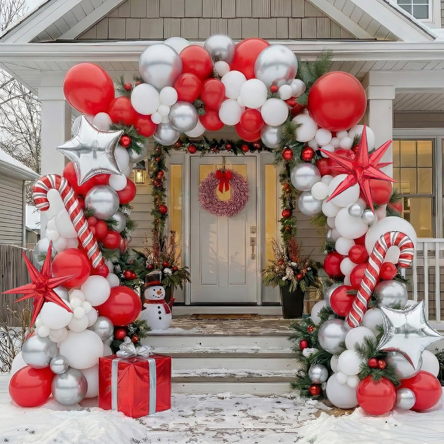 Red Christmas Party Decorations with Balloon Garland Arch Kit & Red White Silver Cane Candy Explosion Star Foil Balloons for Winter Xmas New Year eve Birthday Decorations
