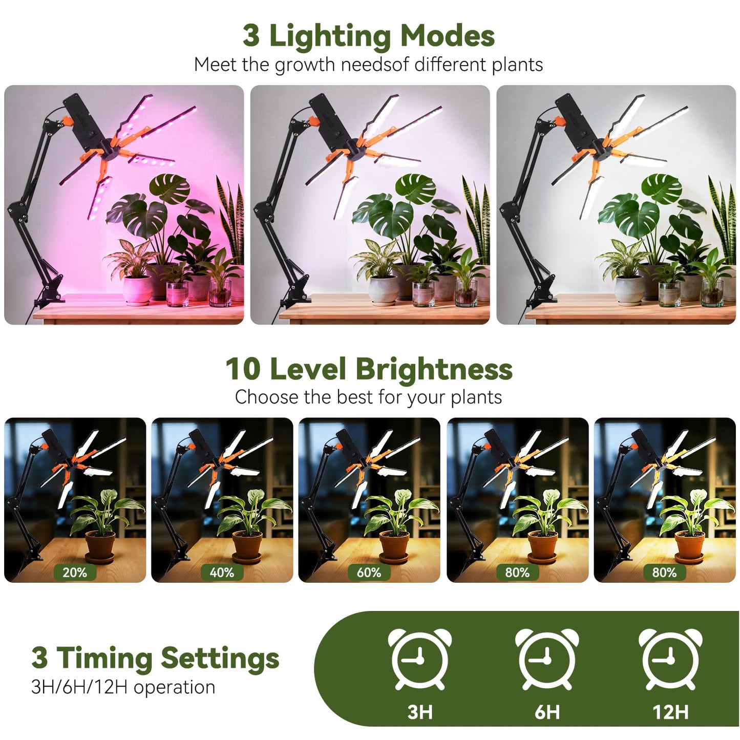 KwatTsz Grow Lights for Indoor Plants, Full Spectrum LED Plant Growing Lamps, 5 Head LED Clip Plant Lights for Seed Growing, Fruiting, 3H/6H/12H Timer, 3 Spectral Modes, 10 Dimmable Levels