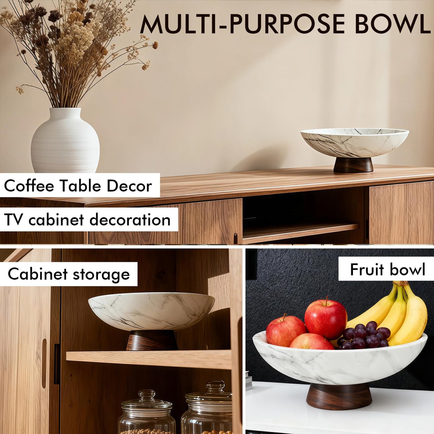 LFLKPY White Marble Texture Decorative Bowl with Acacia Wood Base – 11" Modern Pedestal Fruit Bowl for Table Centerpiece, Entryway or Kitchen Décor