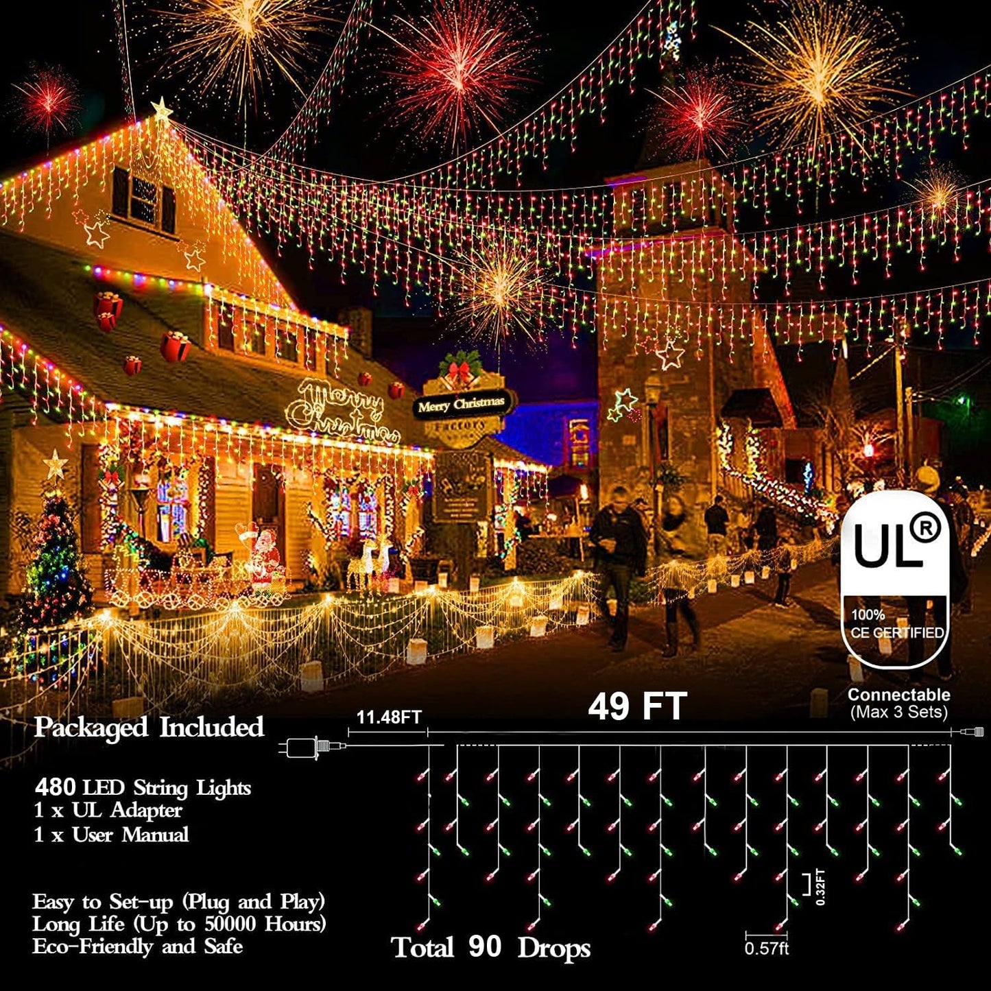 480 LED 49FT Christmas Lights Plug in 8 Modes with Timer Dimmable Christmas Decorations Outdoor Waterproof Indoor Curtain String Lights for Roof Porch Garden Holiday Wedding Party Decor Red + Green