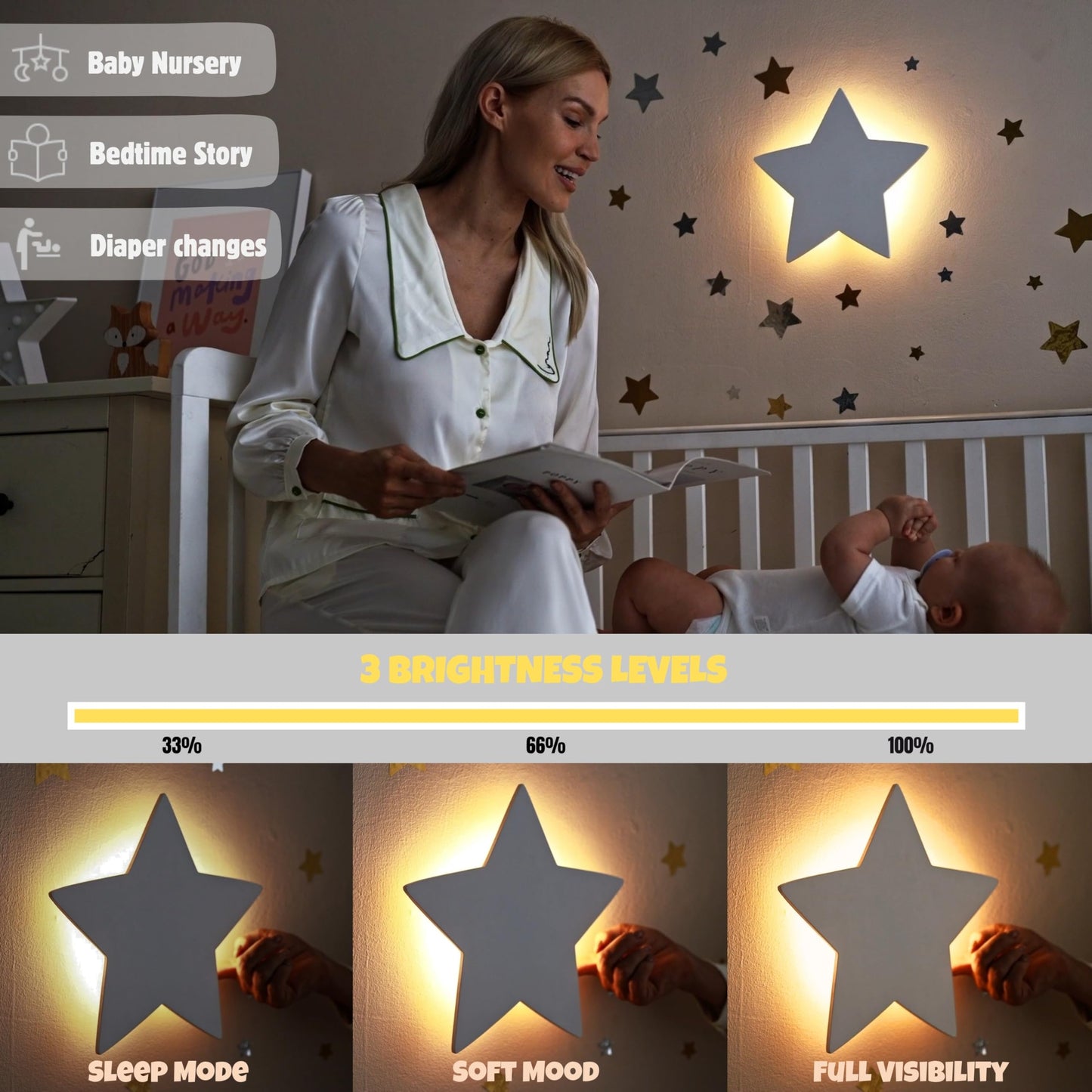 KALEOLI Star Night Light for Nursery - Dimmable & Rechargeable Kids Wall Light - 106 Pcs Moon and Stars Wall Decals Set - 90 Min Timer for Bedtime Routines