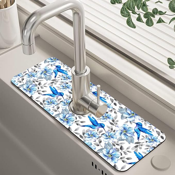 Blue Floral and Hummingbird Dish Drying Mat