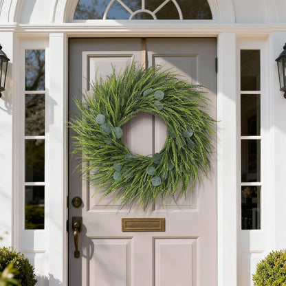 26" Artificial Saw Grass Wreath for Front Door, Lifelike Faux Saw Grass Wreath with Fake Eucalyptus Spring Summer Greenery for Wall Window Fireplace Farmhouse Home Outside Decoration