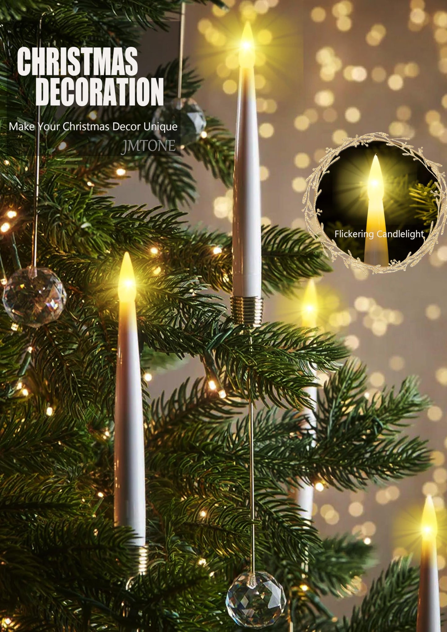 Christmas Tree Candles, 12 Pack Flameless Taper Candles for Christmas Tree Decor, Battery Operated with Remote Flickering LED Candles with Clear Crystal Ball Gold Hook for Xmas Gift Wedding Home Decor