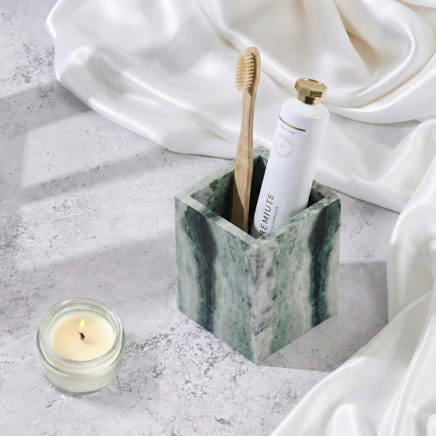 Marble Toothbrush Holder – 4.1" Genuine Stone Bathroom Cup for Makeup Brushes, Pens & Utensils | Natural Marble Organizer for Vanity, Countertop & Home Décor (Victoria Green)
