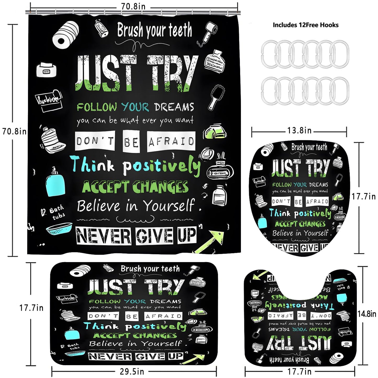AZHM Black Inspirational Quotes and Positive Phrases Pattern Shower Curtain Set for Bathroom 4 Pcs Whimsical Design Bathroom Accessory Decor Sets with Shower Curtain and Rugs