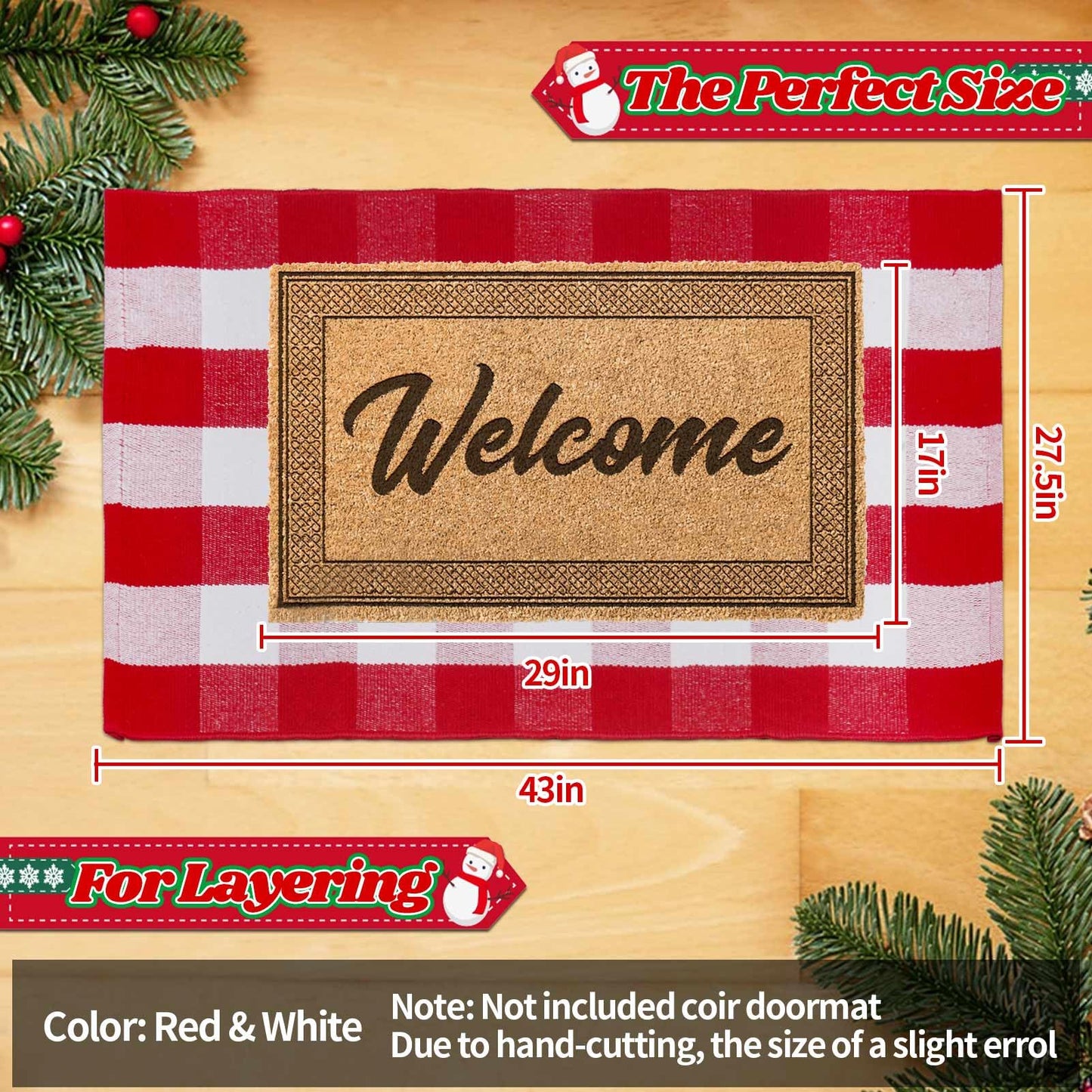 Christmas Red and White Plaid Rug 27.5 x 43 Inches, Hand-Woven Indoor/Outdoor Layered Cotton Blend Buffalo Plaid Rug, Washable Front Door Mat, Perfect for Porch, Living Room, Entryway