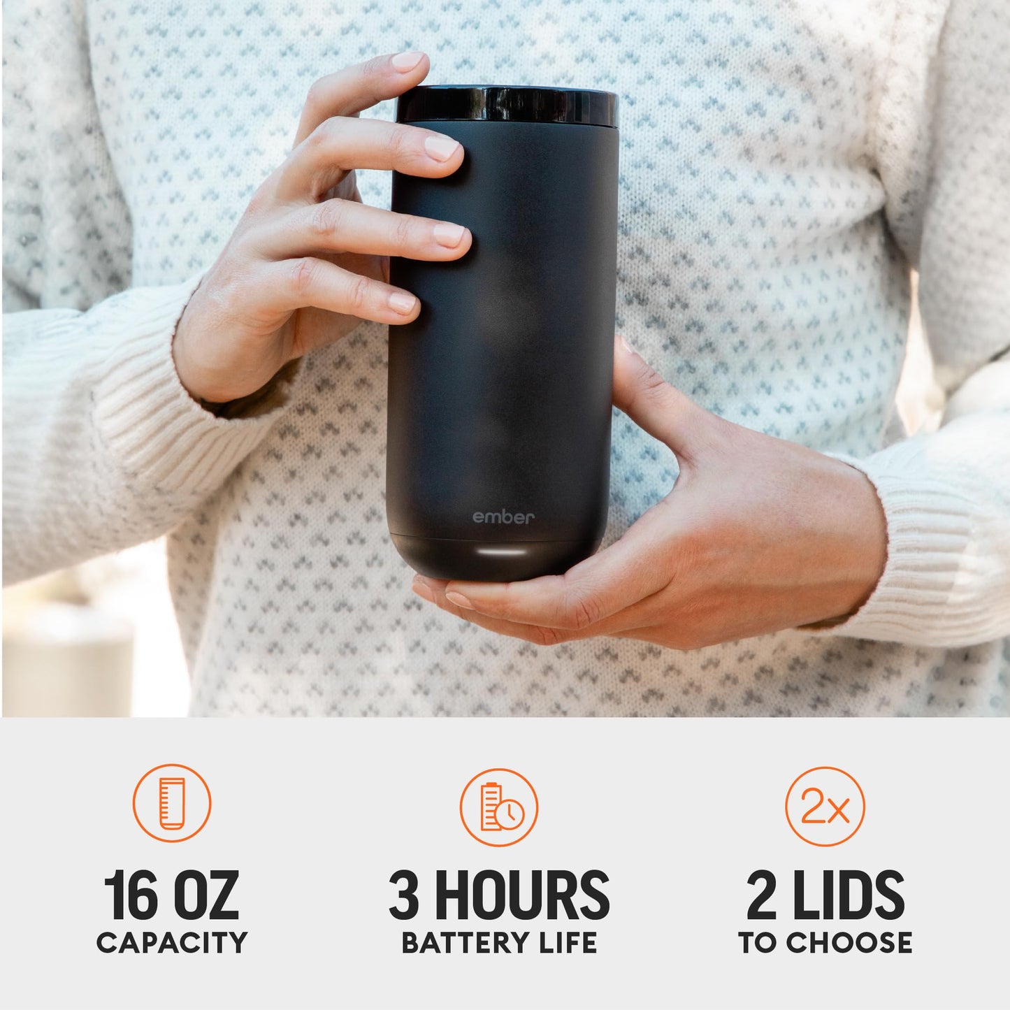 Ember Tumbler, Temperature Control Travel Mug, Stainless Steel, App-Controlled Heated Coffee Mug with 3-Hour Battery Life, Black, 16 Oz