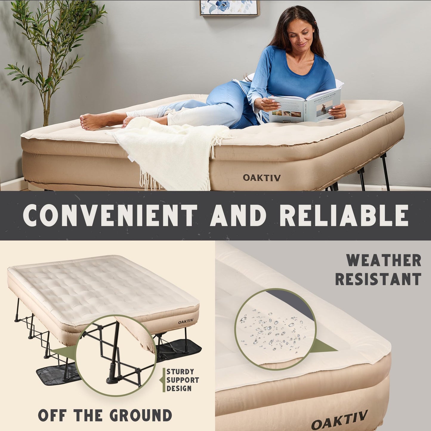 Oaktiv Queen Air Mattress with Frame, Self Inflating/Deflating Bed for Adults - PeakRest Blow Up Bed, Camping Cot with Mattress - Portable with Travel Rolling Case on Wheels