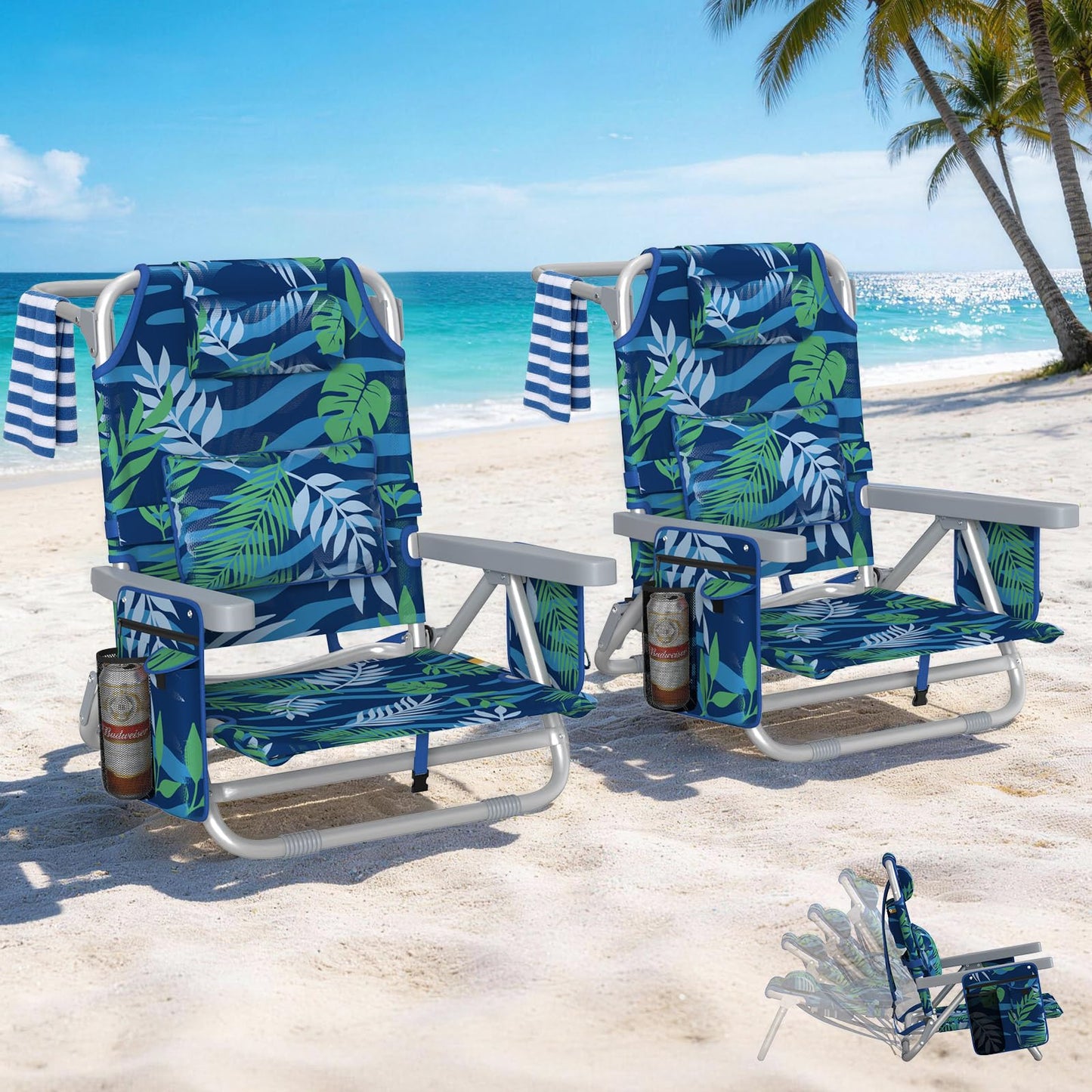 5-Position Backpack Beach Chair for Adults with Lumbar, Foldable Tall Heavy-Duty Beach Chairs with Cooler Bag,Cup Holder,Towel Rack for Beach, Camping, Outdoor