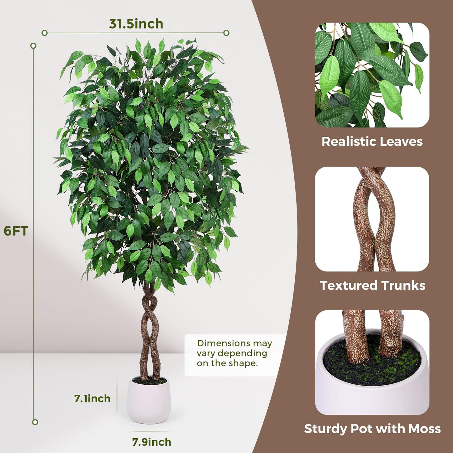 Jocoevol 6FT Artificial Ficus Tree, Tall Faux Trees Indoor with White Planter, Dried Moss, Natural Silk Leaves & Trunk, Fake Plants for Home Living Room Office Corner Decor Housewarming Gift