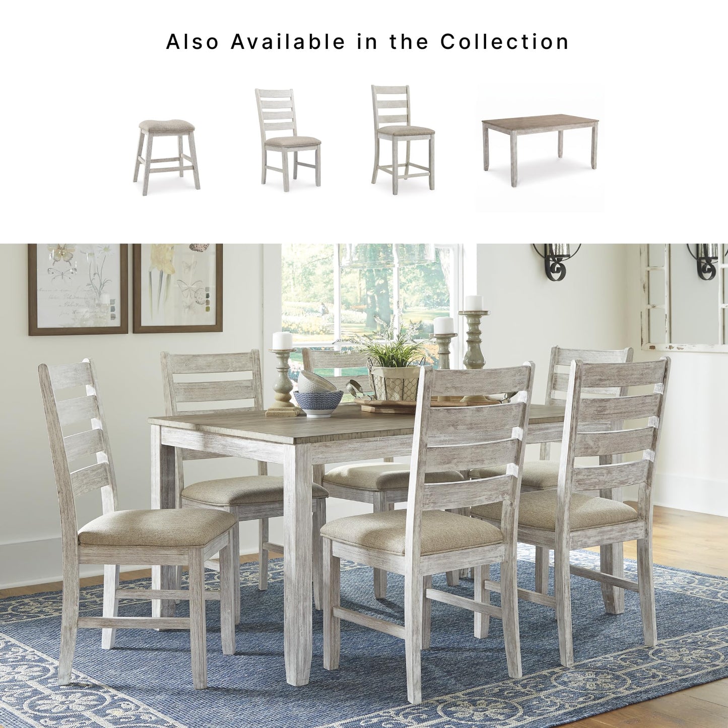 Signature Design by Ashley Skempton 3 Piece Counter Height Dining Table and Bar Stools Set, Built-in Storage, Wood, Acacia Veneer and Engineered Wood, Small Kitchen Table, White/Light Brown