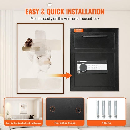 VEVOR 1.7 Cub Depository Safe, Deposit Safe with Drop Slot, Electronic Code Lock and 2 Emergency Keys, 13.77''x11.81''x17.71'' Business Drop Slot Safe for Cash, Mail in Home, Hotel, Office