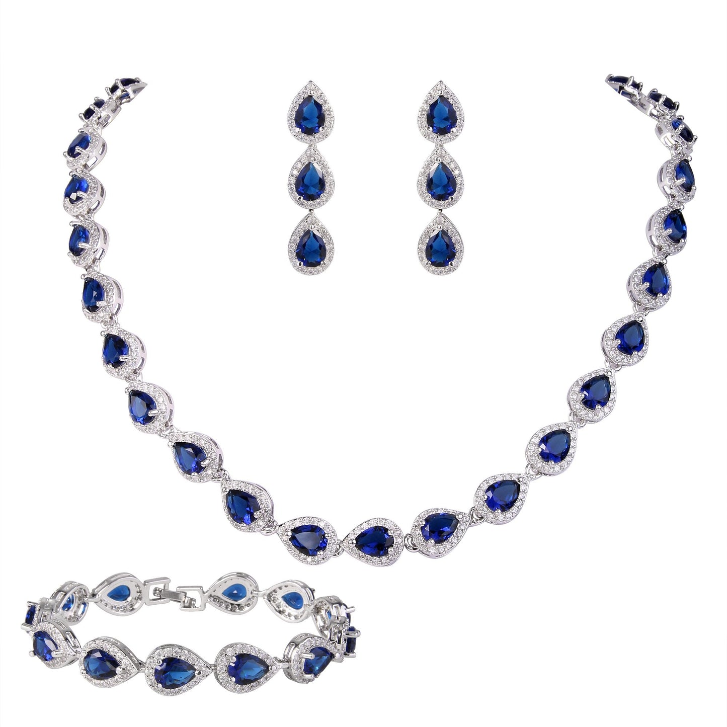 EVER FAITH Elegant CZ September Birthstone Teardrop Necklace Bracelet Earrings Set Blue Sapphire-Color