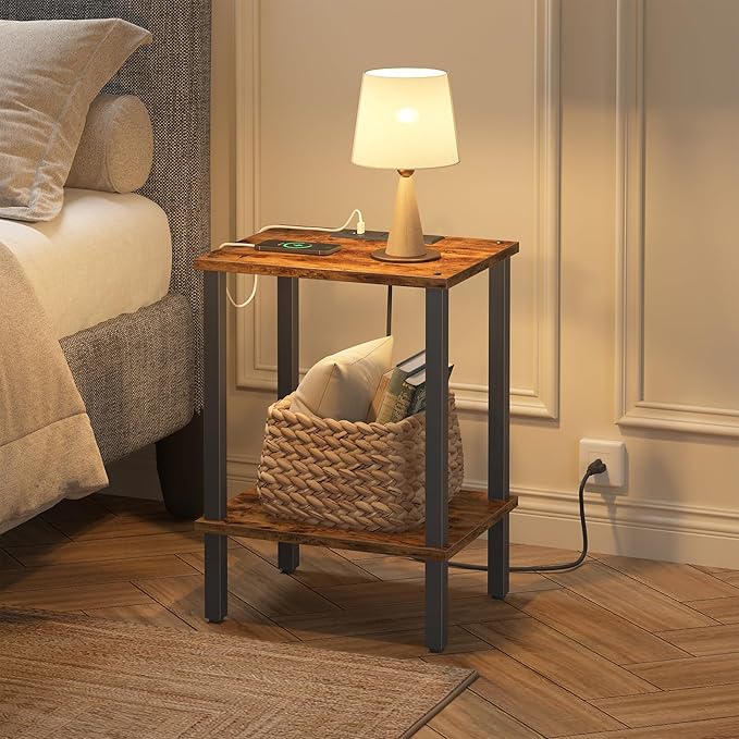 TUTOTAK End Table with Charging Station, Side Table with USB Ports and Outlets