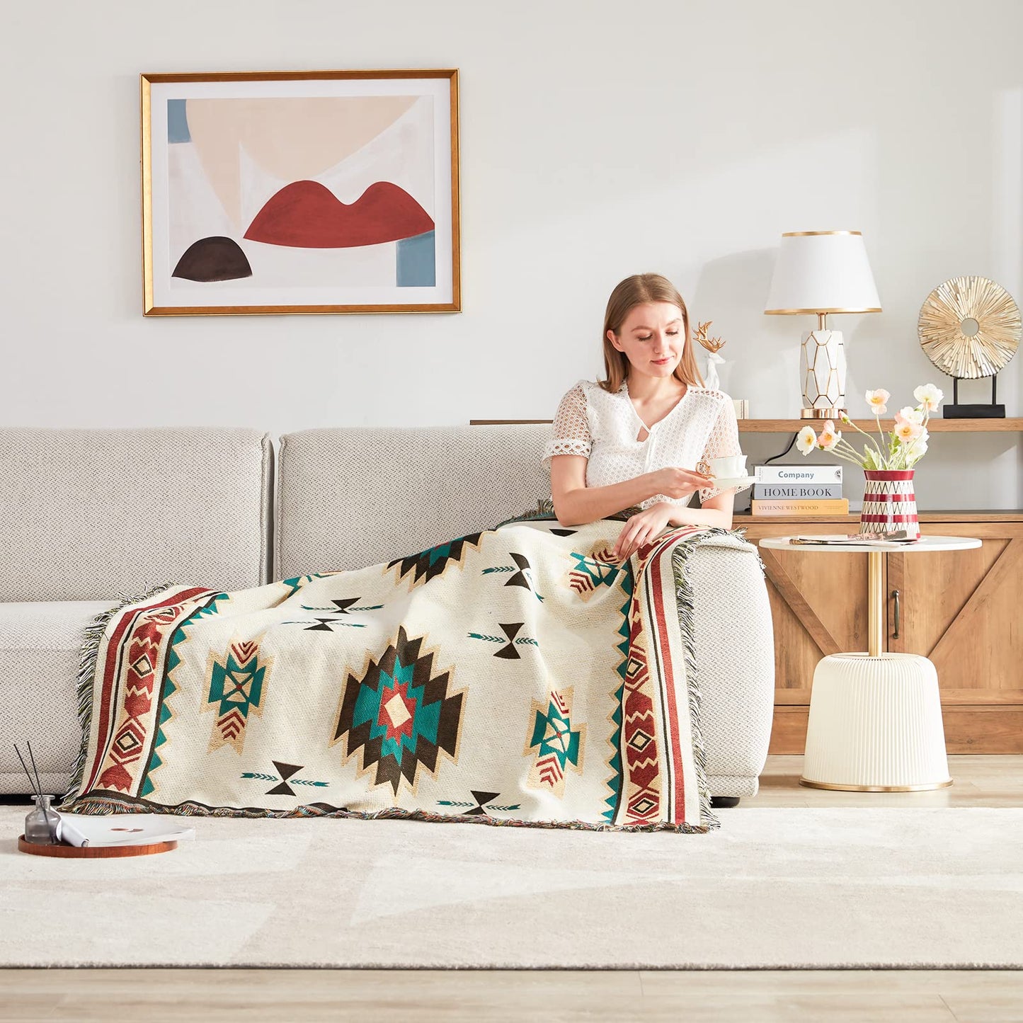 Touchat Native American Blanket Western Decor Boho Throw Blanket for Sofa, Mexican Decorative Farmhouse Blanket, Southwest Decor Woven Blankets, Aztec Throw Blankets with Tassel(Beige,50×60 inch)