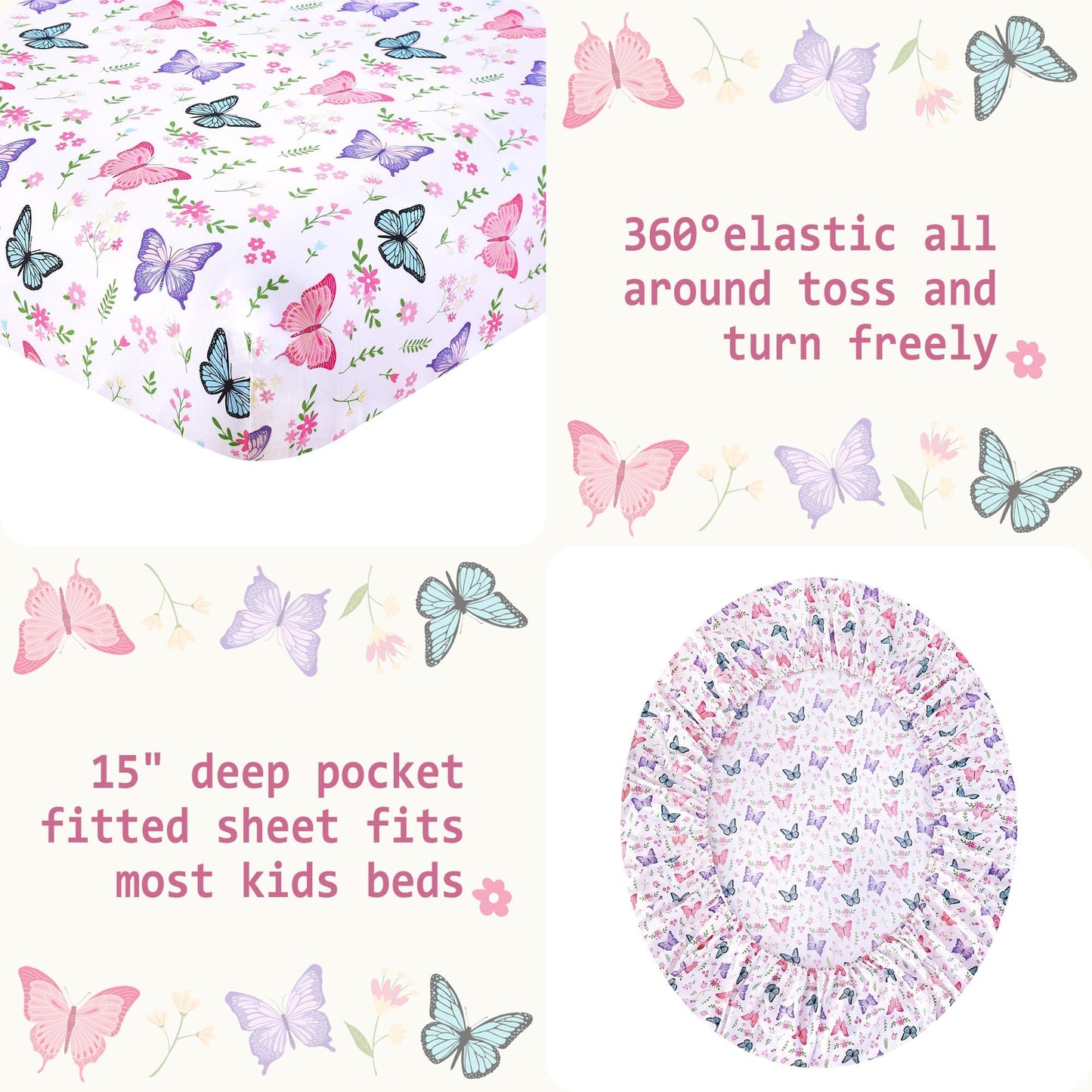 Softan Kids Bed Sheet Set, 4-Piece Full Size Sheets, Microfiber Fitted Sheet with Corner Straps, Breathable & Silky Soft Butterfly Flower Printed Sheet and Pillowcase Sets