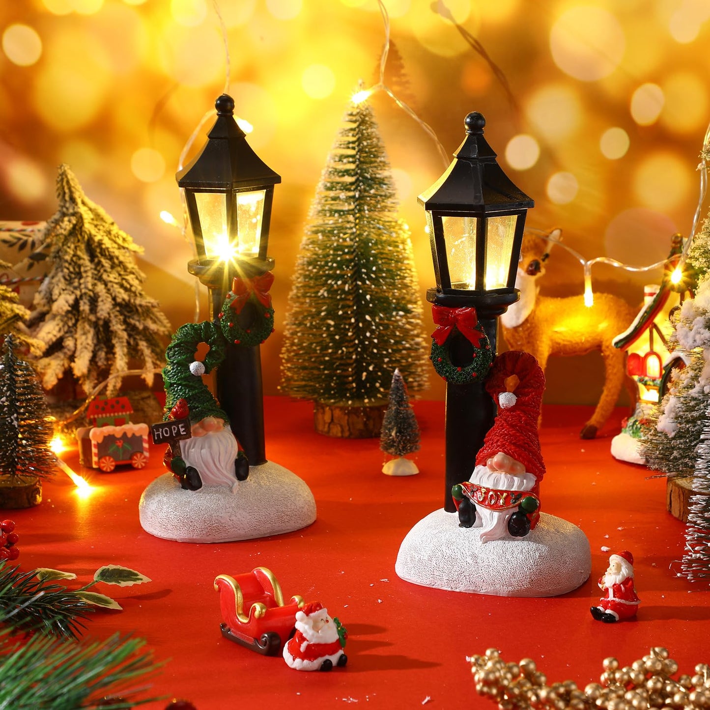 GlikCeil 2 Pcs Christmas Gnome Decorations 10" Resin Christmas Lighted Gnomes Figurines Table Decor Xmas Battery Operated Mini Street Statue for Home Fireplace Shelf