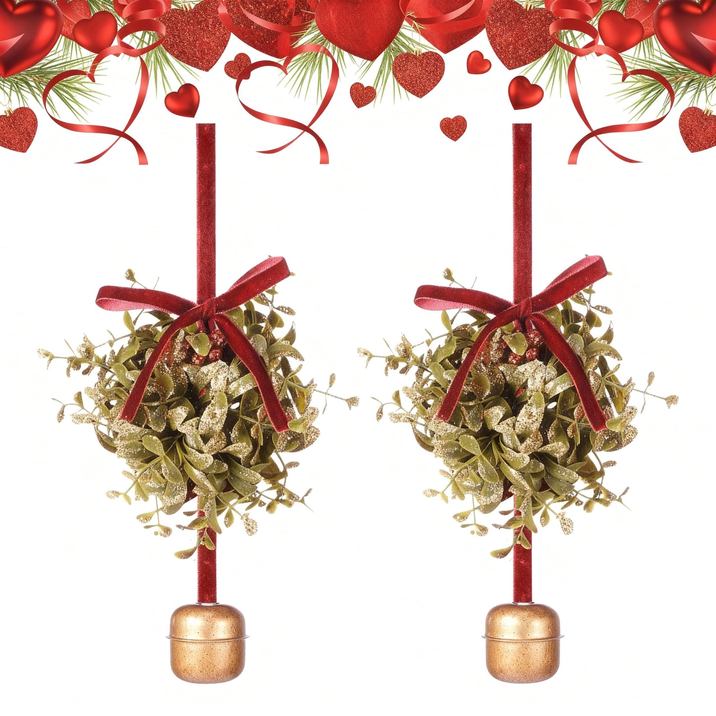Canlierr 2 Pcs 5 Inch Valentines Day Mistletoe Ball Jingle Bell Ornament Mistletoe Glitter Kissing Ball with Jingle Bell Bow and Red Berry Artificial Hanging Ornament for Doorway Ceiling Light Decor