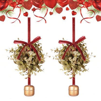 Canlierr 2 Pcs 5 Inch Valentines Day Mistletoe Ball Jingle Bell Ornament Mistletoe Glitter Kissing Ball with Jingle Bell Bow and Red Berry Artificial Hanging Ornament for Doorway Ceiling Light Decor