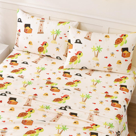 ChicView Full Sheet Set Kids,4 Pieces Breathable Soft Microfiber Bedsheets for Child Boys Girls, Anti Pilling Deep Pockets Easy Care Bed Sheets, Turtle