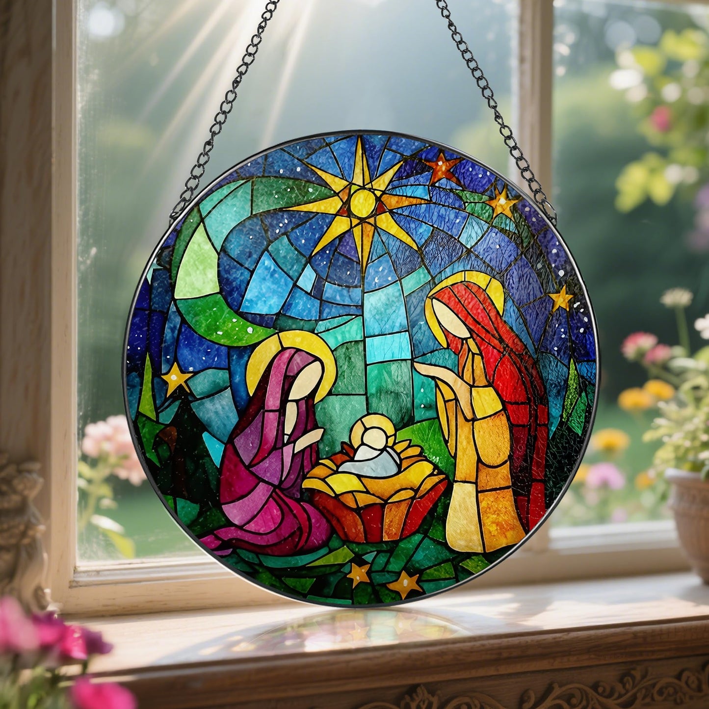 LAOWEIKI 8'' Stained Glass Window Hanging, Nativity Scene Ornament, Religious Ornament, Sun Catcher Window Decor, Christian Holiday Decor, Gifts for Christmas, Christian Gift, Religious Gift
