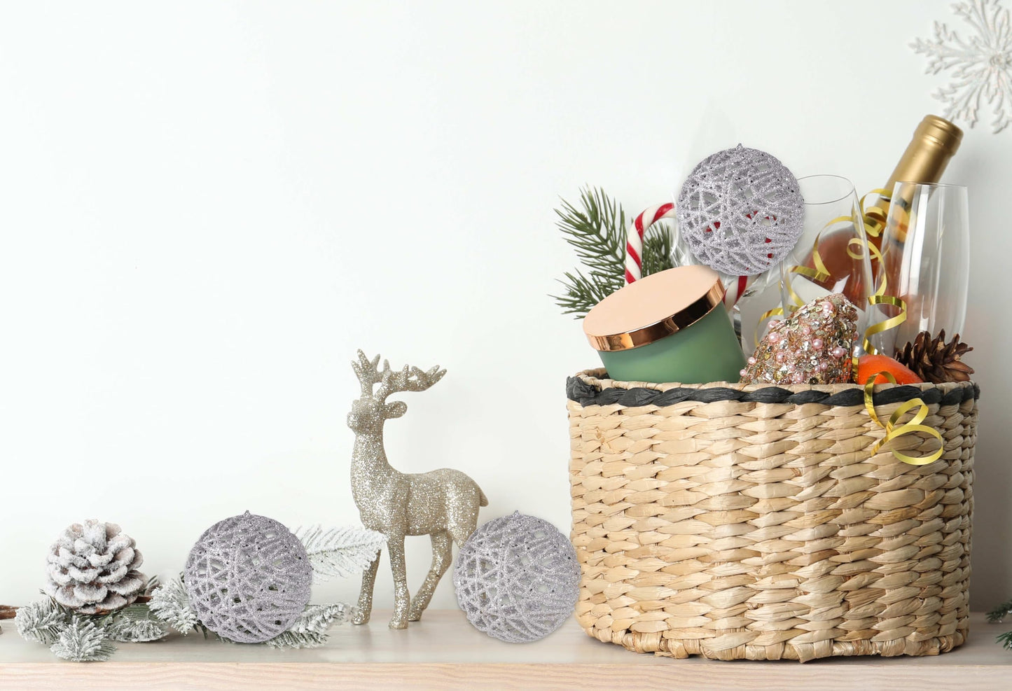 Christmas Traditions 4 inch Silver Glittered Rattan Ball Ornaments Hanging Tree Decorations (Set of 6)