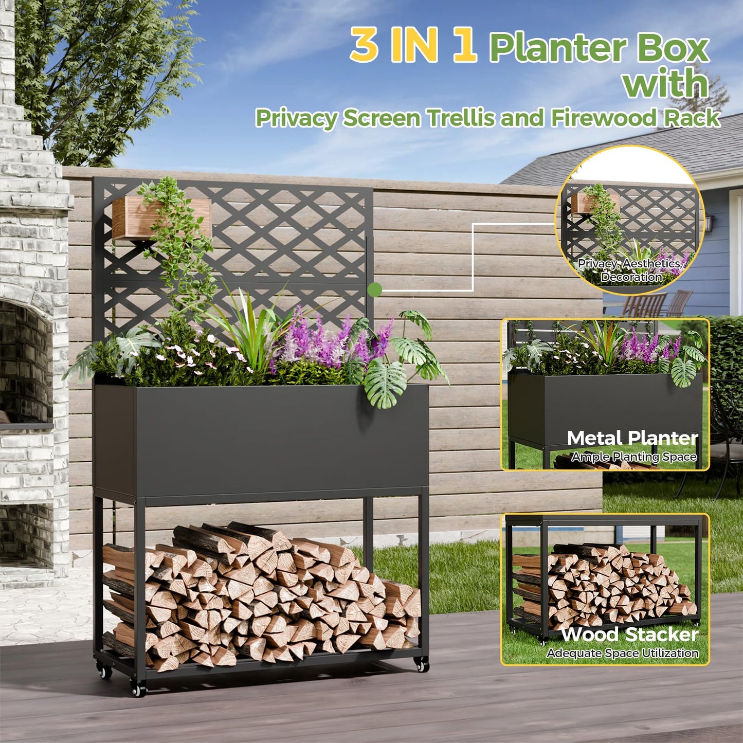 Metal Planter Box with Trellis, 3 in 1 Raised Garden Bed with Trelli & Firewood Rack, Privacy Planter Screen for Climbing Plants, Vine, Outdoor Garden Standing Beds with Drainage Holes, Wheels,Black