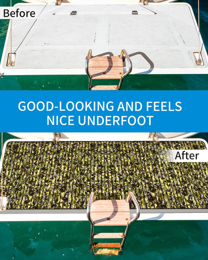 OCEANBROAD Self-Adhesive 96''x47'' Camouflage Boat Flooring Strip Cut Grooves EVA Foam Sheet Non-Slip Traction Pad for Boats Decking Surfboard SUP Paddle Board Kayak, Camo Green